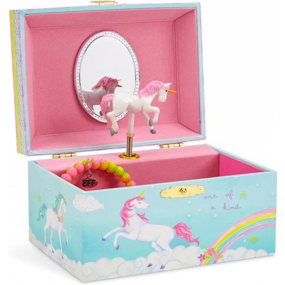 Girl's Musical Jewelry Storage Box with Spinning Unicorn, 6 x 4.65 x 3.5 inches